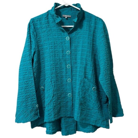 Habitat Clothes to Live In Women Crinkle Top Size Medium Buttons Stretch Artsy - Picture 1 of 12